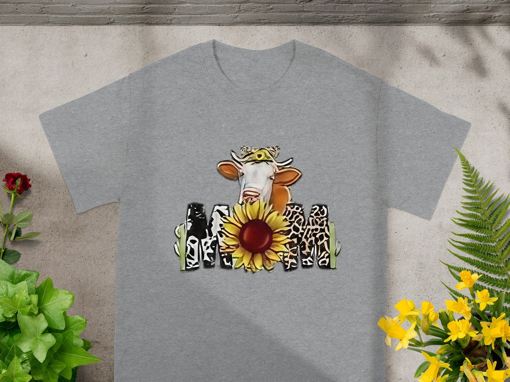 Cow Over Sunflower Fence Graphic Print Funny Style T-Shirts