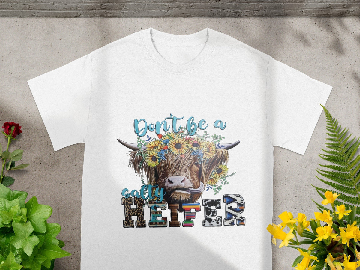 Don't Be a Salty Heifer Flower Crown Highland Cow T-Shirts