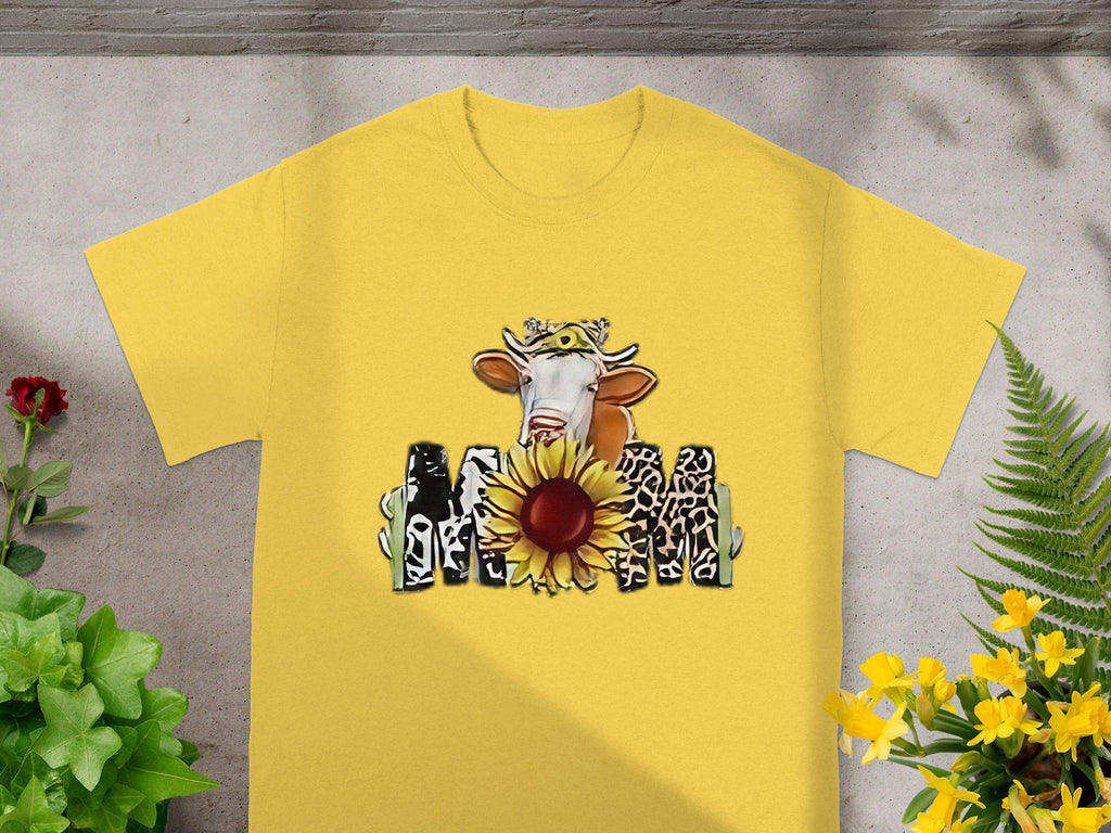 Cow Over Sunflower Fence Graphic Print Funny Style T-Shirts