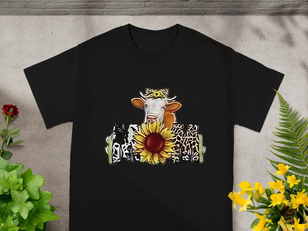 Cow Over Sunflower Fence Graphic Print Funny Style T-Shirts