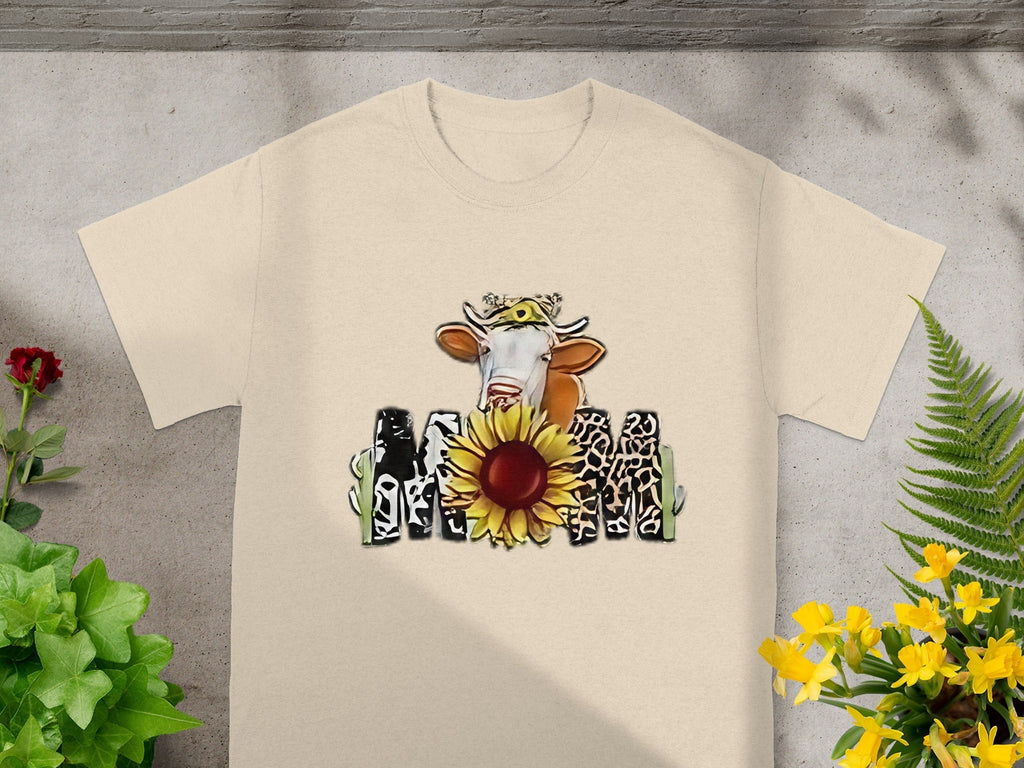 Cow Over Sunflower Fence Graphic Print Funny Style T-Shirts